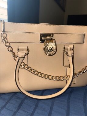 Michael Kors Cream Saffiano Leather Satchel with Gold Chain